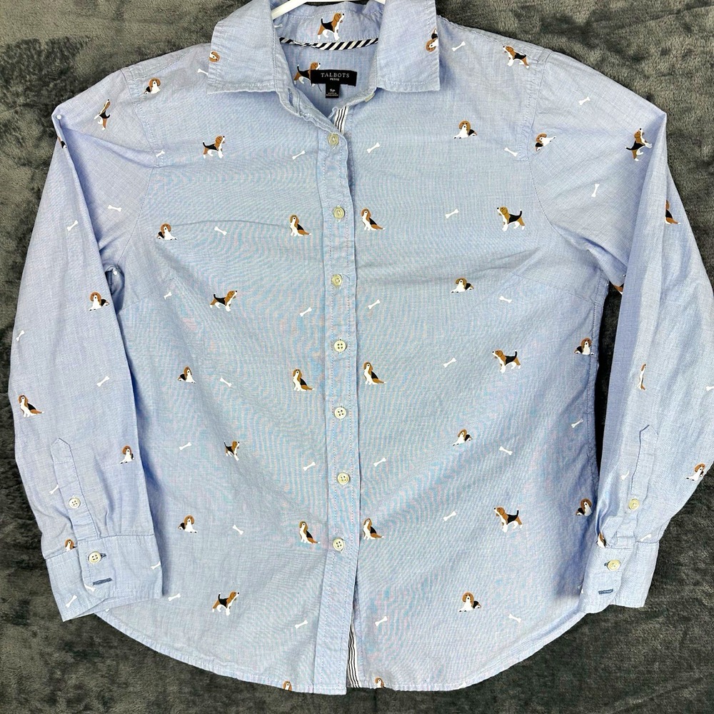 Talbots Women's Blue Dog Animal Print Woven Cotton Button Up Long Sleeve Shirt